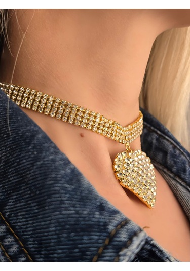 Sallantılı Kalp Model Rhinestone Choker Tasma Model Gold Renk Kolye Gold Çok Renkli