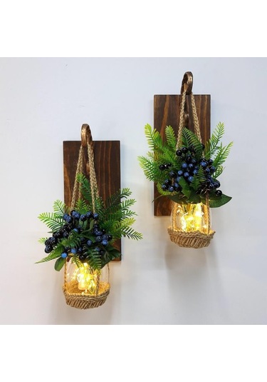 Duvar Dekoru, Led Işıklı, Mavi Kokina Çiçekli, Ceviz Aplik İkili Set