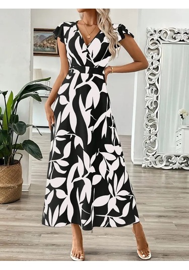 Kadın Kısa Kelebek Kollu Kruvaze Yaka Desenli Süprem Elbise Siyah