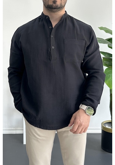 Erkek Hakim Yaka Yarım Patlı Cepli Gömlek Siyah Edw361 Siyah