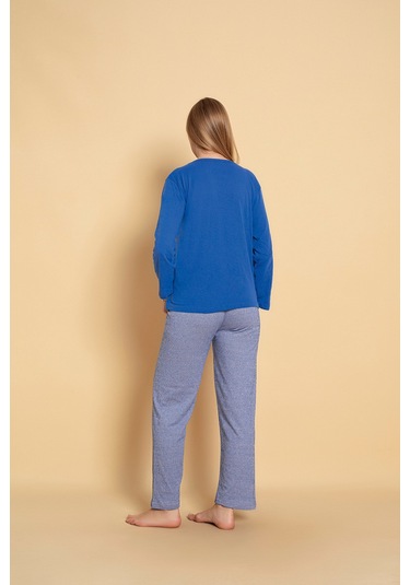Kadın Penye Sıfır Yaka Uzun Kol Pijama Takımı Saks Mavi