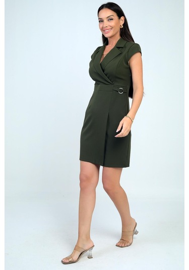 Kadın Kruvaze Yaka Toka Detaylı Eteği Pileli Likralı Krep Elbise-40381 Haki