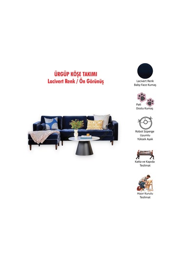 Ürgüp Modern Köşe Koltuk Takımı - Lacivert - Sol Köşe - Baby Face Yumuşak Kumaş Lacivert
