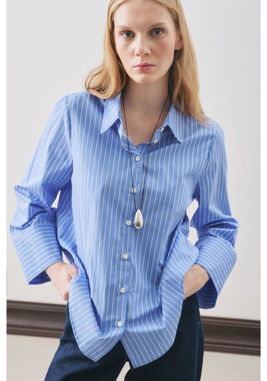 Oversıze Çizgili Gömlek Mavi Çizgi Mavi Çizgi