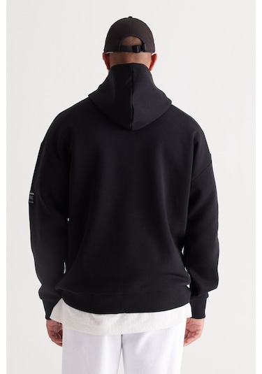 AC&Co / Altınyıldız Classics Erkek Sıyah Oversize Fit Bol Kesim Kapüşonlu İçi Polarlı Pamuklu  Sweatshirt Siyah