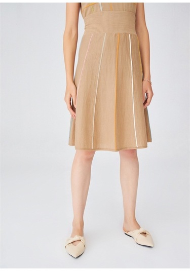 Peraluna Çizgili Yüksek Bel Bol Kesim Diz Altı Kadın Triko Etek C Camel