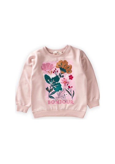 Cigit Çiçek Baskılı Pullu Sweatshirt 1-6 Yaş Pudra Pudra