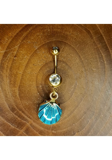Aya Tasarım Gold Renk Turkuaz İstiridye Figürlü Göbek Piercing Altın