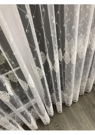 Tül Perde Çerçeve Desen Brillant Marka Sedef Sim Brode Işleme Ekru