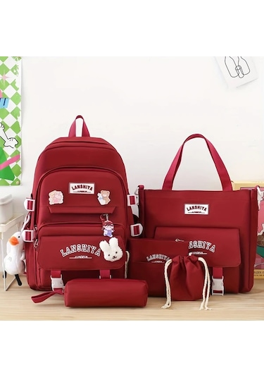 Honeybeeshop Mavi Kolye Ucu 5li Duz Renk Canvas Okul Cantasi Seti Buyuk Kapasiteli Sirt Cantasi