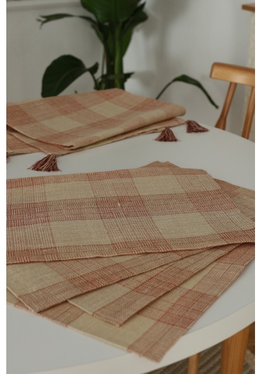 Yakacihome Juta Kırmızı 5 Parça 4 Parça Amerikan Servis & 1 Parça Püsküllü Runner Jüt Kumaş Sofra Seti Kırmızı