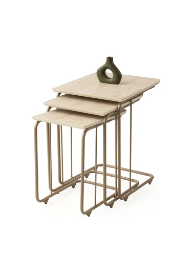 Dikdörtgen Ahşap Mermer Desenli 3 Lü Zigon Sehpa Metal Ayaklı Sidon Sidon