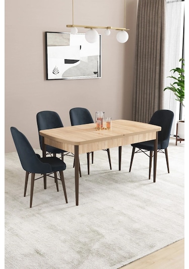 Sar Pakete Almira Serisi, Meşe Desen 80x132 Açılabilir Mdf Mutfak Masası Takımı 4 Adet Sandalye Antrasit