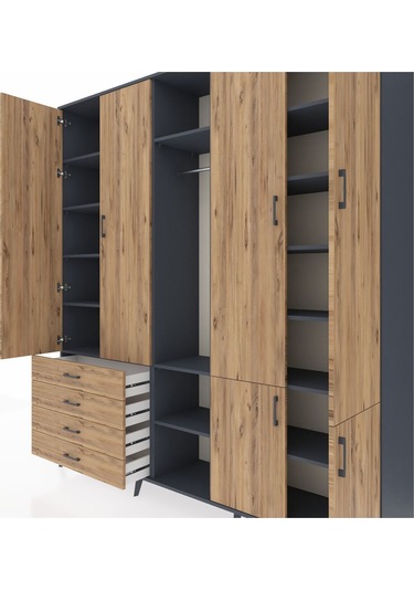 Hyperion Dolap 14 Raflı 4 Çekmeceli Tek Askılı 220x44x243 Antrasit-çam/çam Atlas Çam/atlas Çam