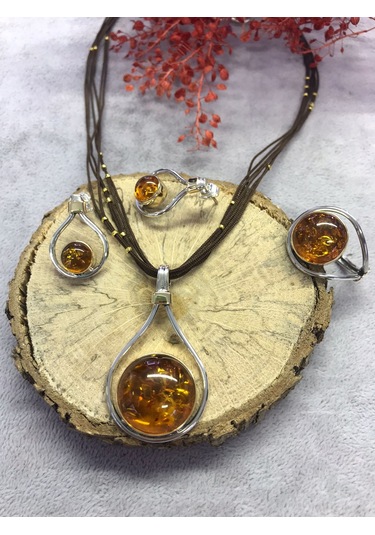 Kehribar Taşlı Gümüş Set 925 Ayar El İşi