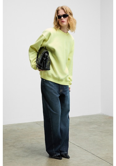 KARIUS Kadın Organik Pamuklu İçi Polarlı Oversize Yuvarlak Yakalı Sarı Sweatshirt