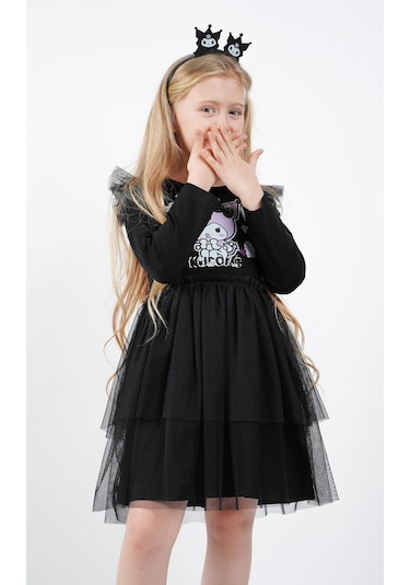 Kuromi Siyah Tül Detaylı Kız Çocuk Elbisesi Siyah