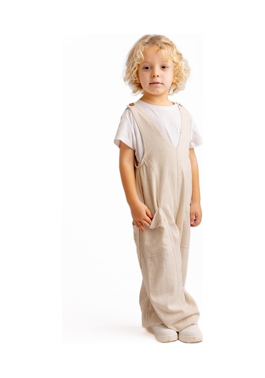 Unisex V Yaka Paça Lastikli Keten Salopet Naturel Naturel Bej