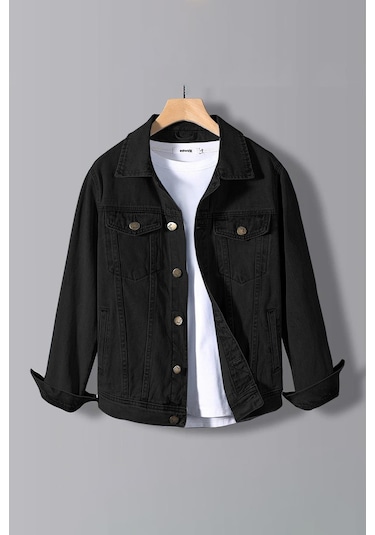 Açık Mavi Erkek Slim Fit Denim Kot Ceket-siyah Siyah