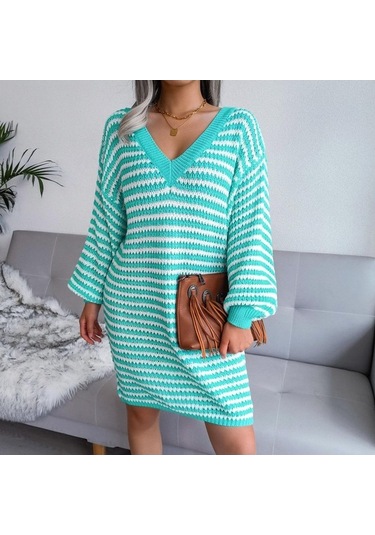 Novahub Kadın Sonbahar Kış V Boyun Uzun Kollu Yün Elbise - Camgöbeği Renkli Şerit Oyma Camgöbeği