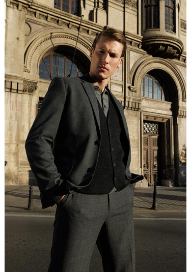 Erkek V Yaka Düz Yün Yelek Antrasit Antrasit