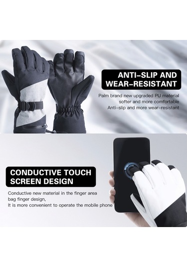 Moveevo Kışlık Beş Parmak Kayak Eldiveni - Su Geçirmez, Dokunmatik Ekran Uyumlu, Sıcak Tutan, Gri Renk Gri