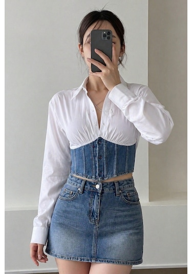 Tarz Cool Kadın Kot Korse Detaylı Özel Tasarım Slim Gömlek Beyaz