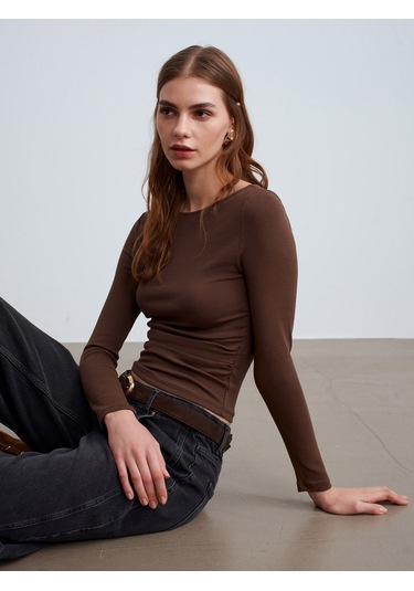 31401 Büzgülü Kayık Yaka Top-açık Kahve Açık Kahve