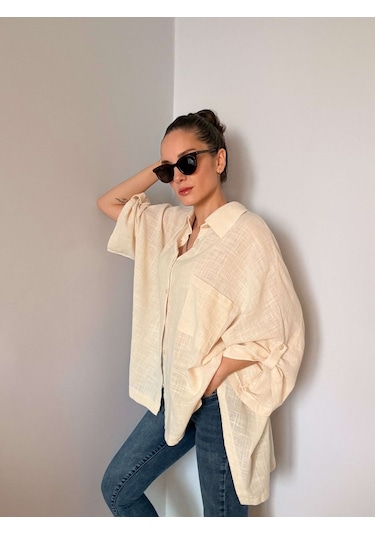 Ali Butik Krem Fakir Kol Oversize Keten Gömlek Krem