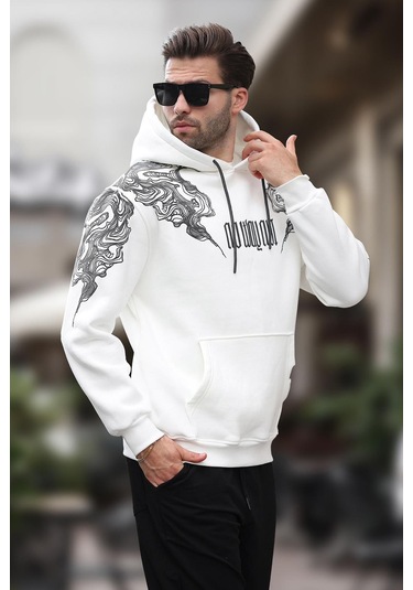 Madmext Ekru Kapüşonlu Cep Detaylı Baskılı Erkek Sweatshirt 7052-ekru Ekru