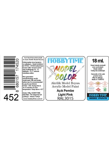Hobbytime 452 18 Ml. Ral3015 Açık Pembe Light Pink , Akrilik Model Boyası