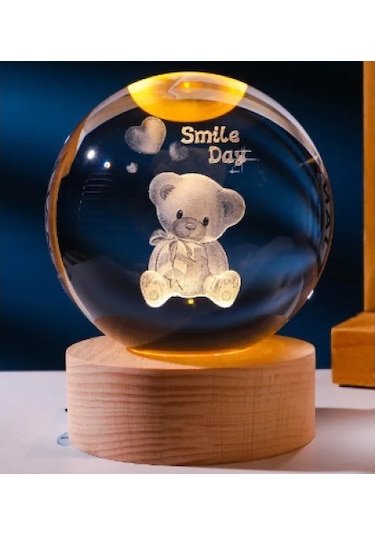 Dekoratif Ayıcık Tasarımlı Ahşap Altlıklı Işıklı Cam Küre Büyük Boy Cam:8cm Ahşap:2cm 16renk Şarj Edilebilir