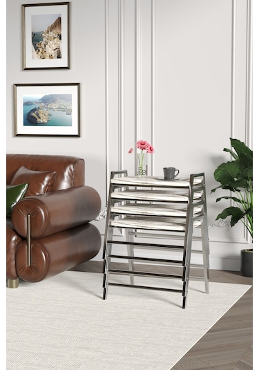 Zigon Sehpa , Aden 4'lü Tepsi Zigon Sehpa Takımı Gümüş Metal - Beyaz Mermer Tabla Gümüş-beyaz Mermer