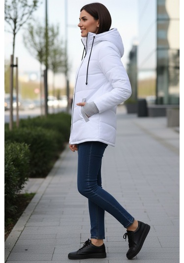 Günlük Su Geçirmez Kışlık Eldivenli Kadın Şişme Beyaz Mont Beyaz