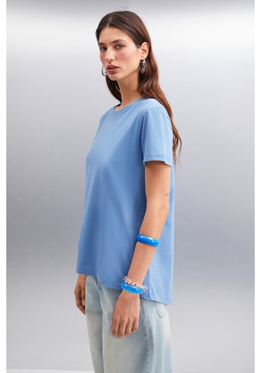 Samantha Kadın %100 Organik Pamuklu Comfort Fit Arkası Uzun Basic Örme Indigo T-shirt