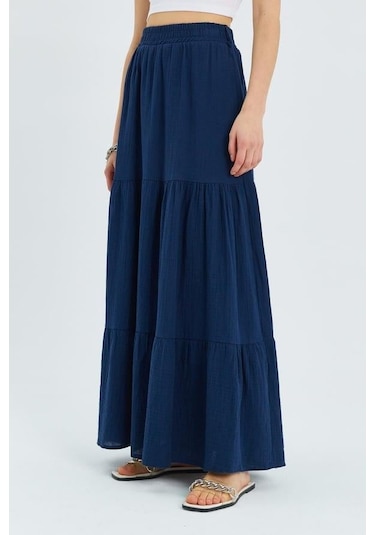 4567 Kadın Fırfırlı Uzun Müslin Etek Lacivert Lacivert