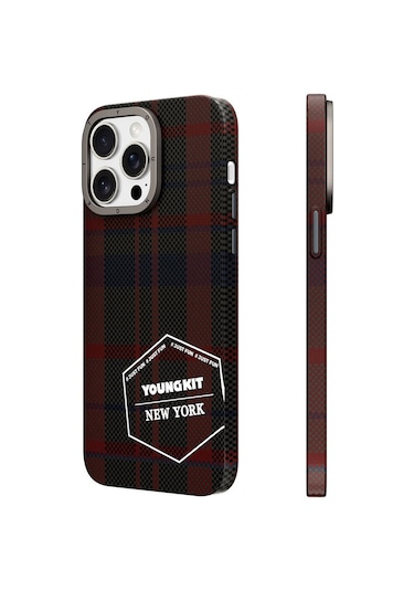 iPhone Uyumlu 15 Pro Kılıf Ekose Desenli Youngkit Gezhi Serisi Kapak Kırmızı