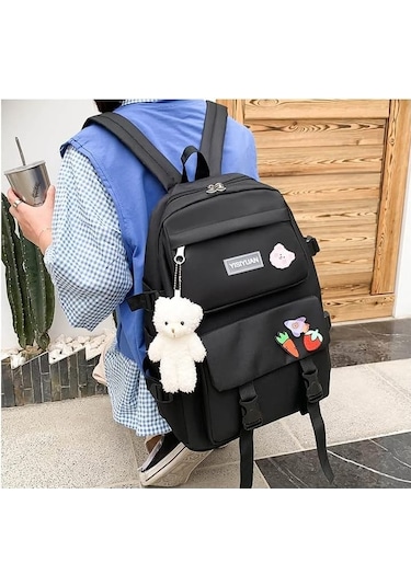 Aromee 5 Parça Set Kadın Laptop Sırt Çantası Tuval Okul Çantaları - Siyah