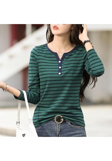Pamuklu Tişört Kadın Uzun Kollu Çizgili T Gömlek İlkbahar Sonbahar Kadın Giyim Gömlek Bluz Tops Gri