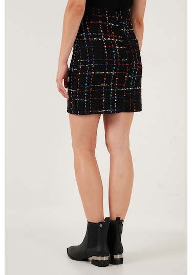 Lela Tüvit Desenli Slim Fit Yüksek Bel Mini Boy Bayan Etek 5866436 Siyah