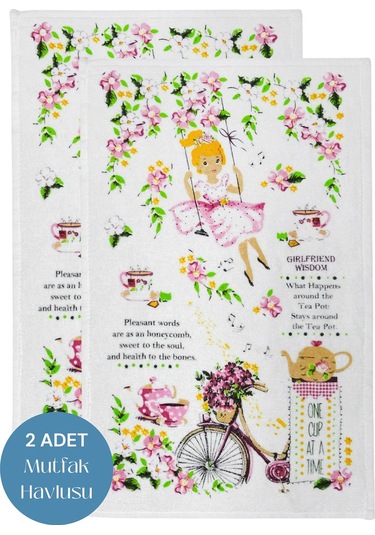 2li Paket Baskılı Beyaz Mutfak Havlusu Modeli Bisikletli Kız