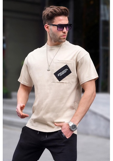 Madmext Bej Bisiklet Yaka Cep Detaylı Tişört 6091-bej Bej