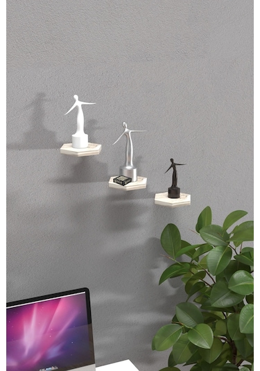 Duvar Rafı Dekoratif 3 Adet Çiçeklik Altıgen Efes