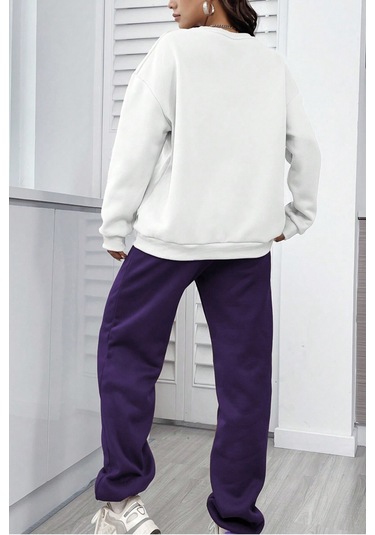 Modagen Unisex Mor Beyaz Bisiklet Yaka California Baskılı Alt-üst Eşofman Takımı Mor-beyaz