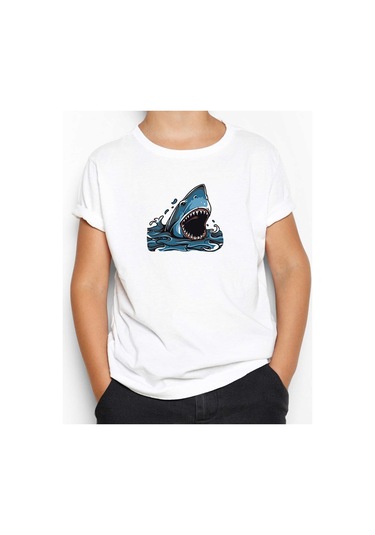 Zepplin Giyim Shark Cartoon Beyaz Çocuk Tişört Beyaz