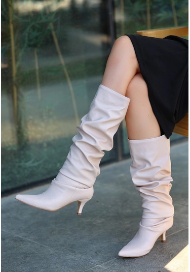 Zelya Bej Cilt Topuklu Çizme Bej