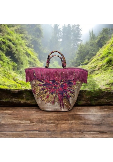 Hasır Çanta, Plaj Çantası, Tasarım Çanta, Püsküllü,desenli El Çantası Mürdüm