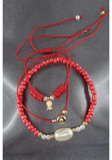 3lü Laleli İncili Nazar Boncuklu Asansörlü Lastikli İp Bileklik. Boncuklu Kadın İp Bileklik Halhal Çok Renkli