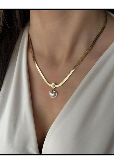 Bhs Life Kadın İtalyan Zincir Çelik Beyaz Kalp Tasarımlı Kolye Gold