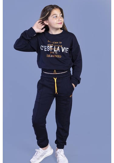 Toontoy Kız Çocuk Baskılı Beli Lastikli Eşofman Takımı Lacivert